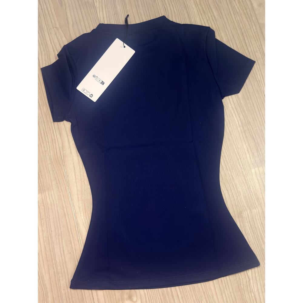 Women's Fitted Short Sleeve Athletic T-Shirt Navy Stretch Activewear Top - Picture 3 of 6